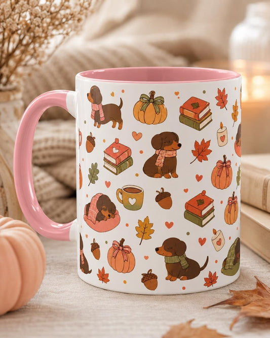 Autumn Dachshund Mug, Fall Book Lover Coffee Cup, Pumpkin Dog Halloween Books (11oz 15oz)
