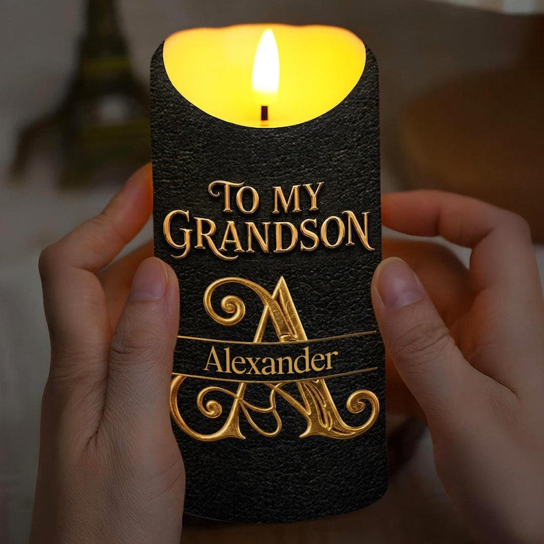 Personalized To My Grandson Never Forget How Much I Love You LED Candle, Black Gold Keepsake Gift From Grandpa, Inspirational Love Candle