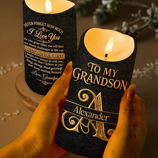 Personalized To My Grandson Never Forget How Much I Love You LED Candle, Black Gold Keepsake Gift From Grandpa, Inspirational Love Candle