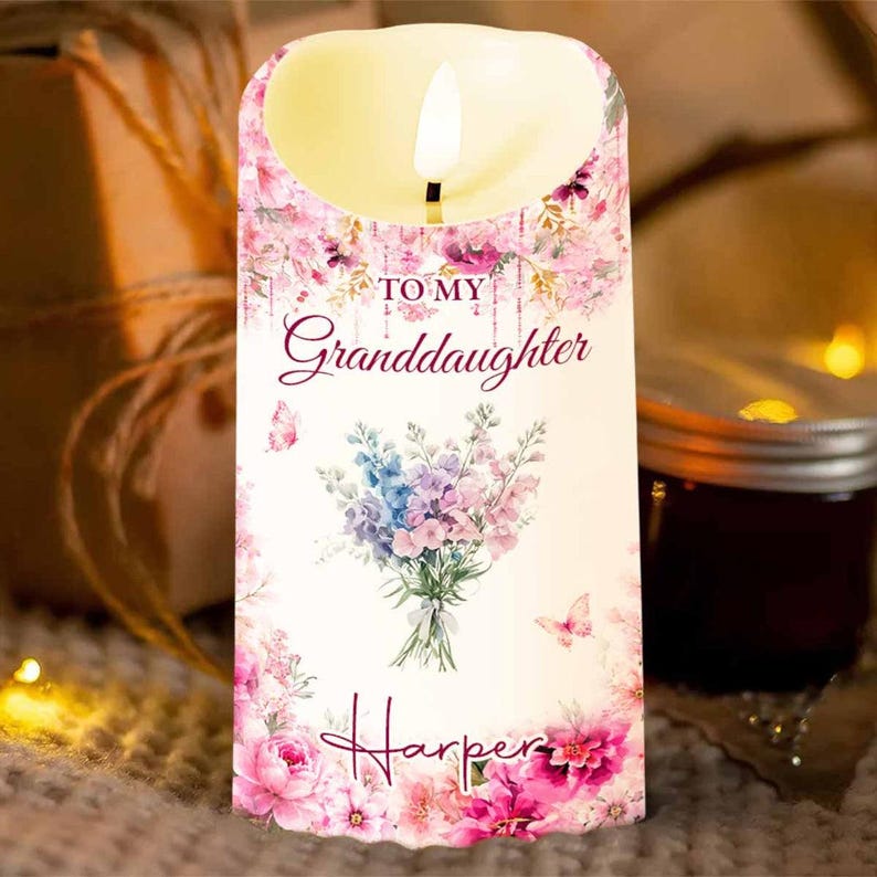 To My Granddaughter LED Candle, Custom Name Floral Keepsake Gift From Grandma, Religious Love Candle For Her, Birthday Gift