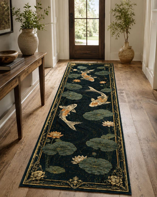 Koi Fish Lotus Runner Rug, Japanese Zen Pond Hallway Carpet, Dark Teal Gold Art Deco Border, Chinoiserie Kitchen Mat, Entryway Long Rug