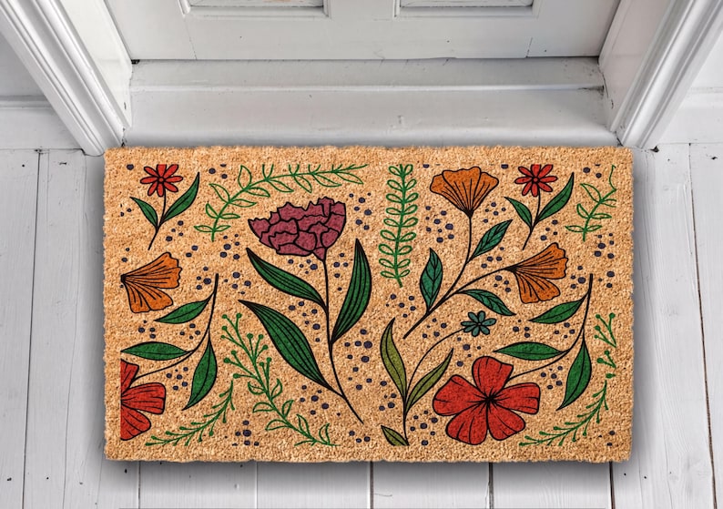 Floral Coir Doormat, Vintage Spring Flowers, Housewarming Gift