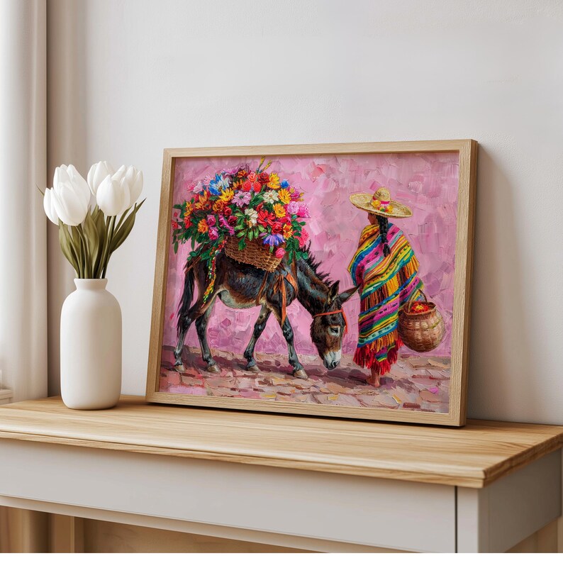 Mexican Floral Donkey Wall Art, Latina Flower Market Folk Art, Vibrant Cultural Serape Print, Mexico Decor, Colorful Latin American Painting