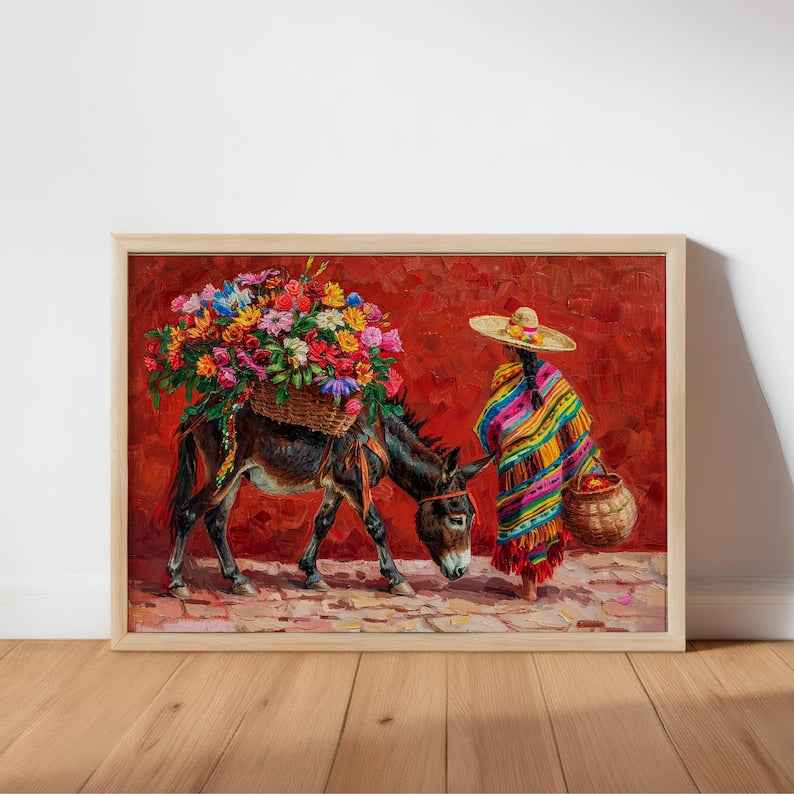 Mexican Floral Donkey Wall Art, Latina Flower Market Folk Art, Vibrant Cultural Serape Print, Mexico Decor, Colorful Latin American Painting