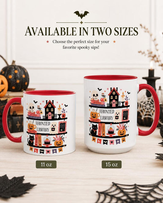 Haunted Library Mug, Halloween Book Lover Coffee Cup, Spooky Ghost Story Ceramic Mug