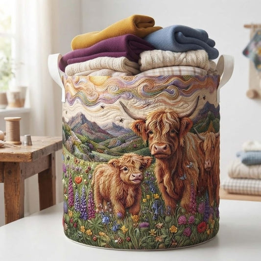 Highland Cow Quilted Laundry Hamper: Farmhouse Wildflower Storage Bin, Quilt Fabric Hamper