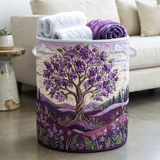 Lilac Haze Quilted Laundry Basket, Purple Flower Storage Bin, Quilt Fabric Hamper
