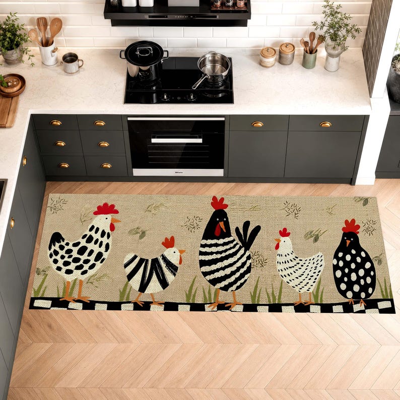 Chicken Printed Runner Rug: Farmhouse Kitchen Hallway Carpet, Non-Slip Machine-Washable