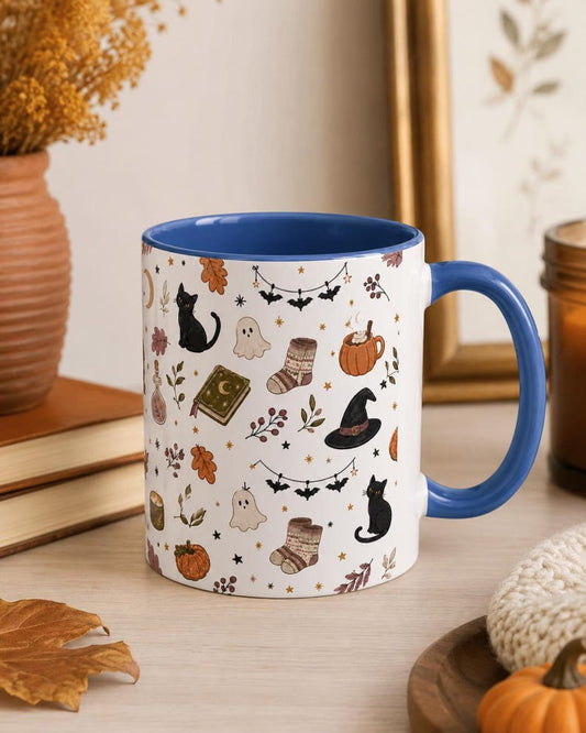 Halloween Black Cat Pumpkin Witch Hat Mug, Spooky Fall Ceramic Coffee Cup
