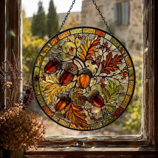 Acorn Suncatcher for Fall Lovers, Autumn Window Hanging, Stained Glass Style Decor, Gift-Ready Cottage Charm