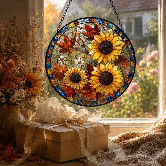 Sunflower Suncatcher, Autumn Window Decor, Fall Stained Glass Style Hanging Ornament, Thanksgiving Gift for Her, Cottagecore Decor