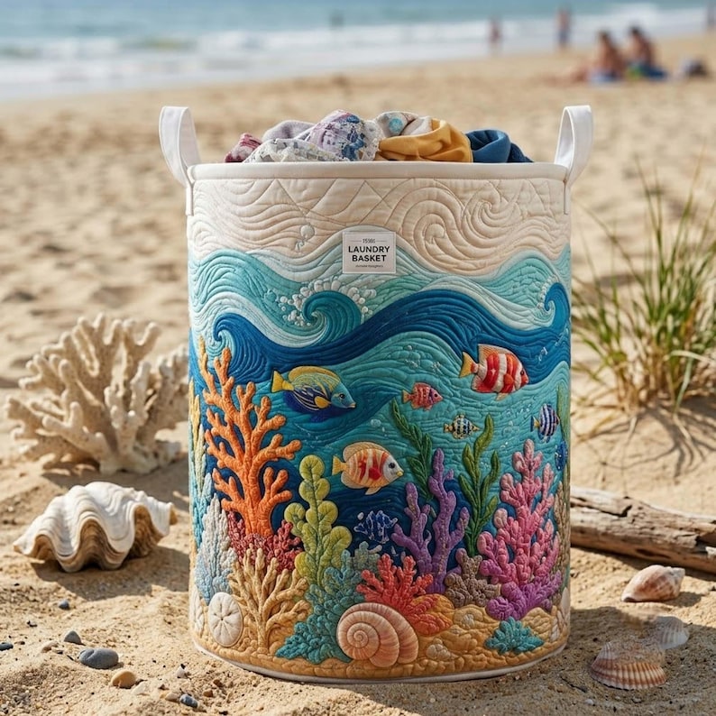 Coral Reef Quilted Laundry Basket: Ocean Wave Storage Bin, Sea Life Clothes Hamper