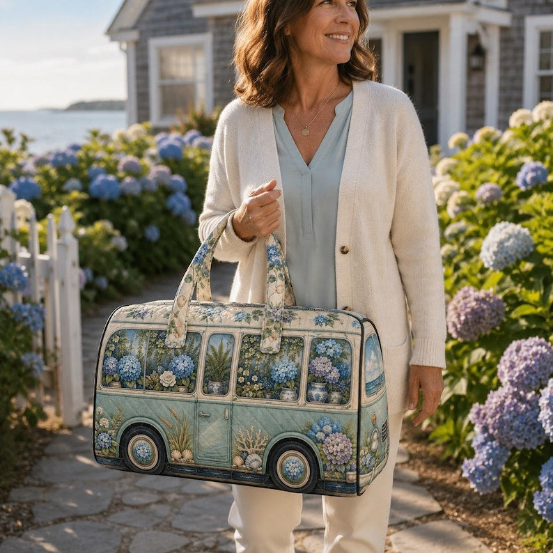 Vintage Camper Weekender Bag, Blue Hydrangea Quilted Travel Tote, Coastal Floral Overnight Duffel, Beach Birthday Gift For Her And Mom