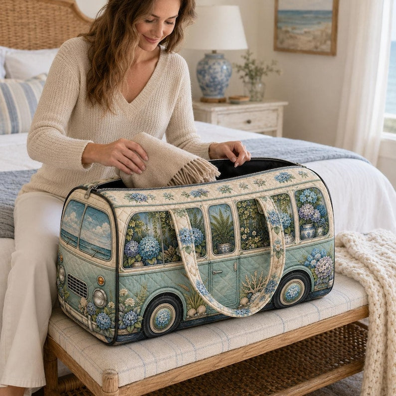 Vintage Camper Weekender Bag, Blue Hydrangea Quilted Travel Tote, Coastal Floral Overnight Duffel, Beach Birthday Gift For Her And Mom