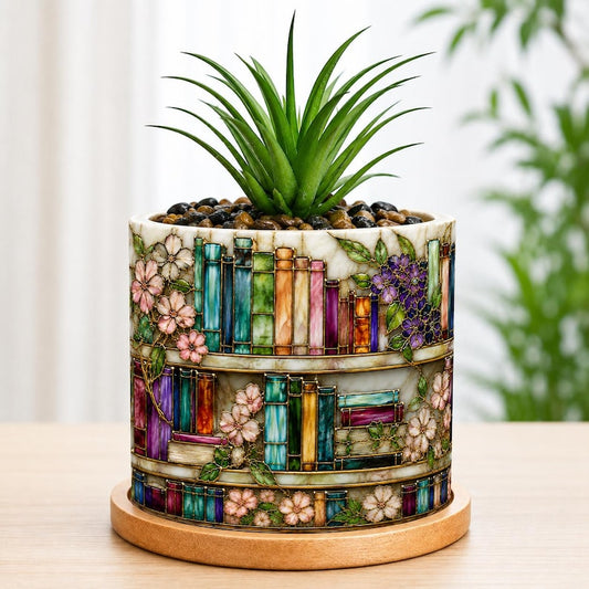Stained Glass Style Bookshelf Plant Pot, Book Lover Gift, Floral Bookish Gift For Reader, Library Decor, Librarian Bookworm Gift for Reader