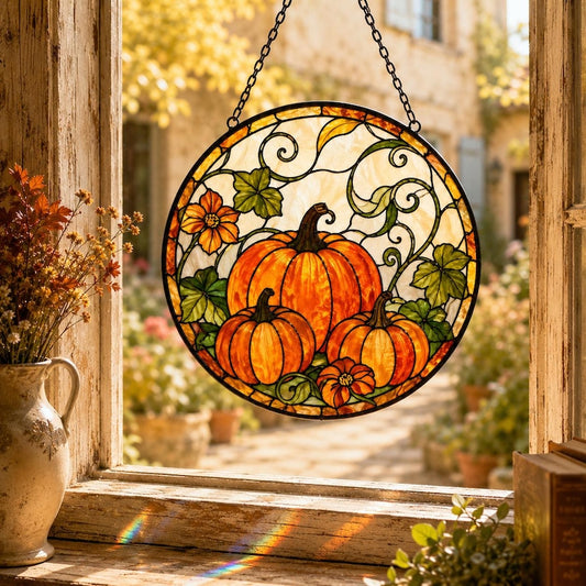 Pumpkin Suncatcher for Fall Lovers, Autumn Window Hanging, Stained Glass Style Decor, Cozy Cottage Gift