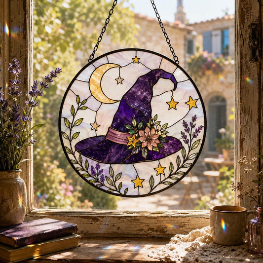 Witch Hat Suncatcher, Halloween Window Hanging for Witchy Decor Lovers, Purple Stained Glass Style Gift