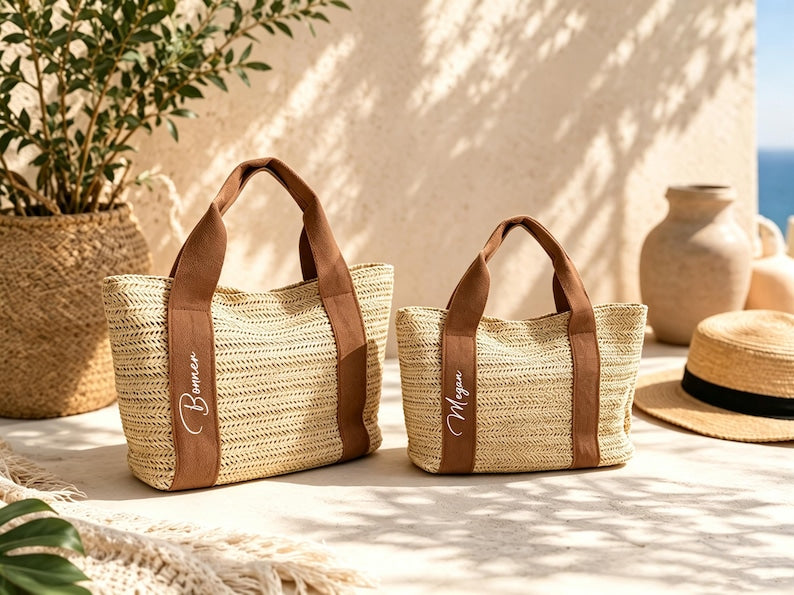 Monogram Straw Tote Bag, Personalized Initial Beach Bag, Custom Woven Shoulder Tote, Summer Gift for Women, Vacation Travel Bag
