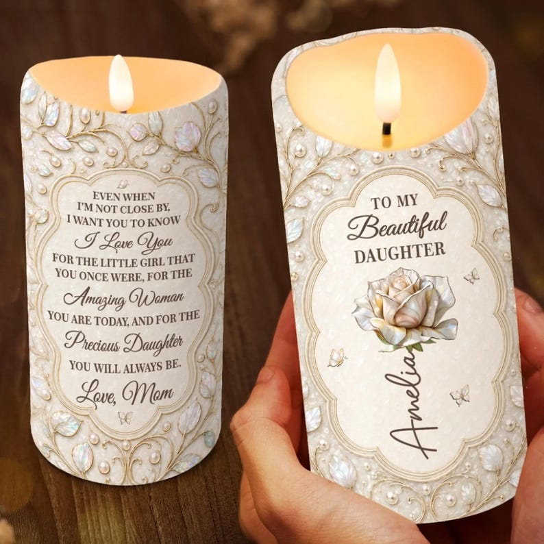 Personalized Daughter Candle, Custom Name White Rose Keepsake Gift From Mom, Love You Daughter
