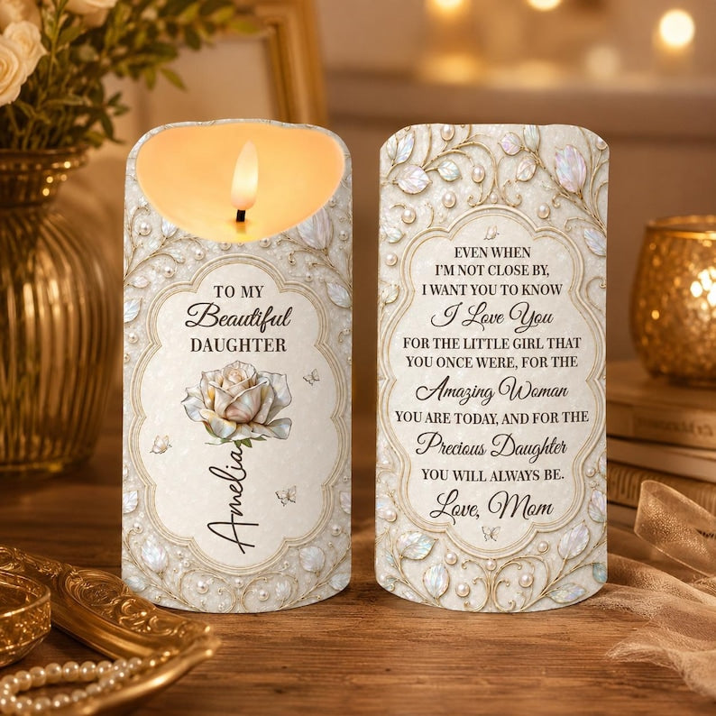Personalized Daughter Candle, Custom Name White Rose Keepsake Gift From Mom, Love You Daughter