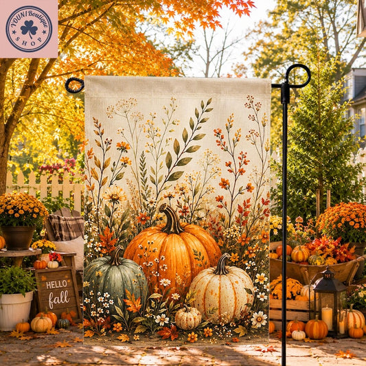 Fall Pumpkin Floral Garden Flag, Rustic Harvest Yard Decor, Vintage Outdoor Banner