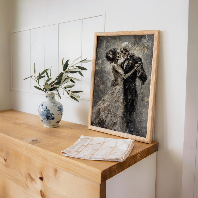 Skeletons Dancing Print, Gothic Romantic Couple Decor, Dark Academia Macabre Painting, Halloween Moody Wall Art, Victorian Occult Lovers Art