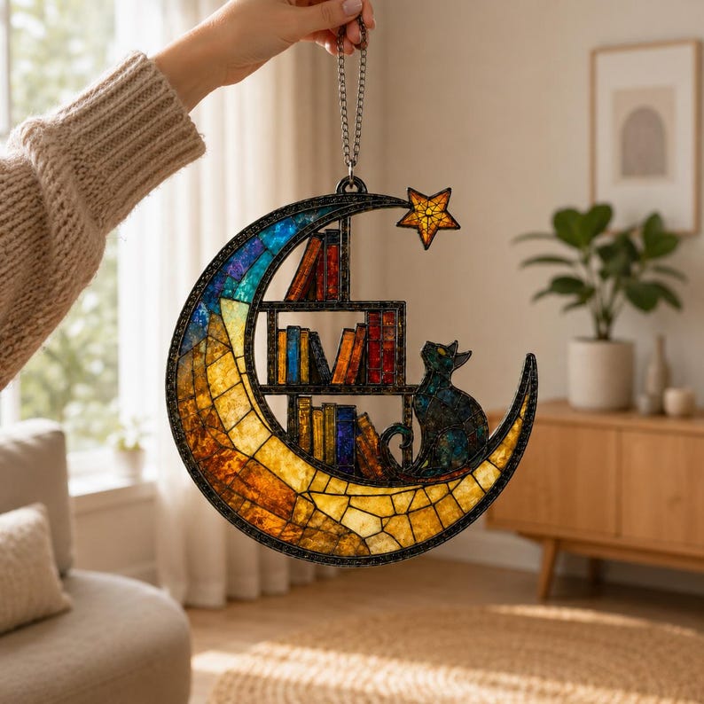 Moon Cat Library Suncatcher, Book Lover Window Decor, Cat Lover Gift