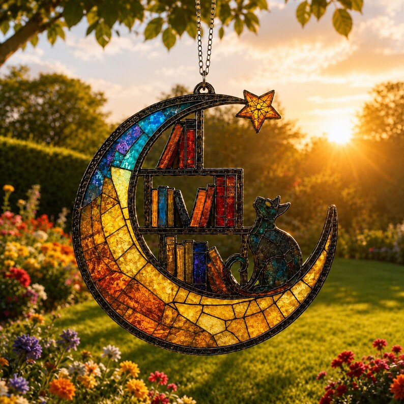 Moon Cat Library Suncatcher, Book Lover Window Decor, Cat Lover Gift