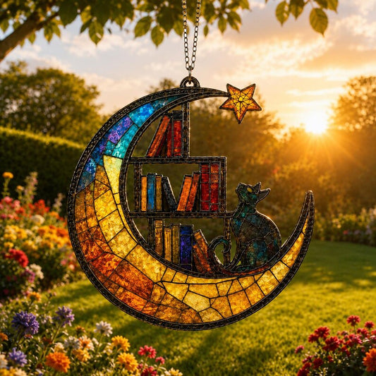 Moon Cat Library Suncatcher, Book Lover Window Decor, Cat Lover Gift