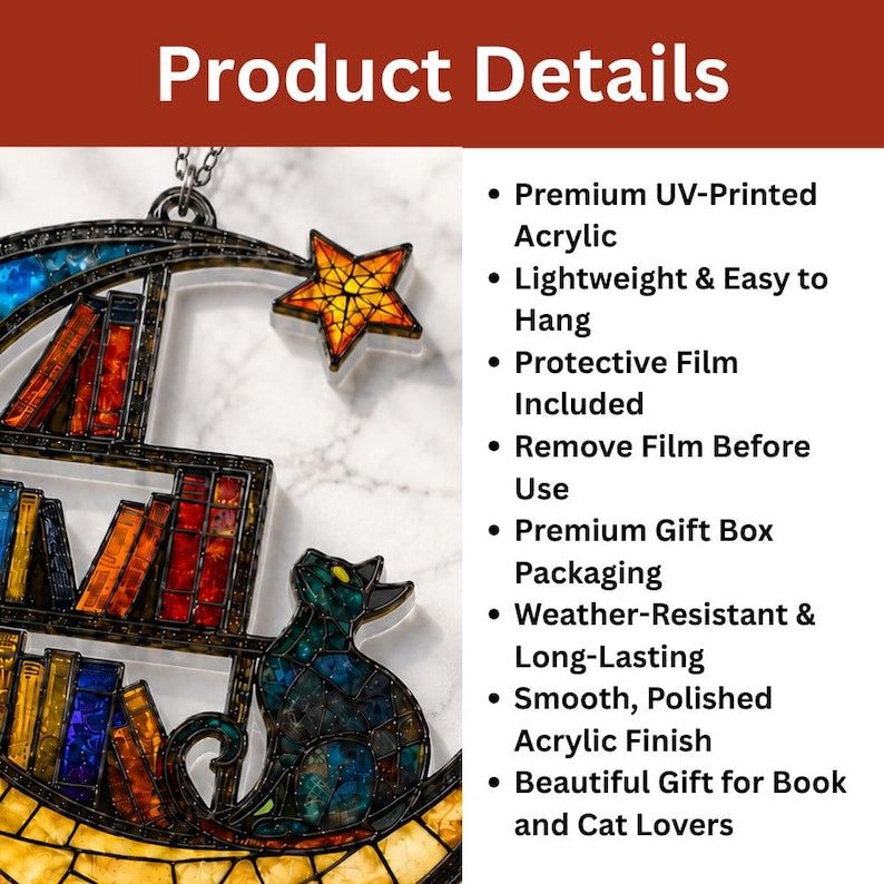 Moon Cat Library Suncatcher, Book Lover Window Decor, Cat Lover Gift