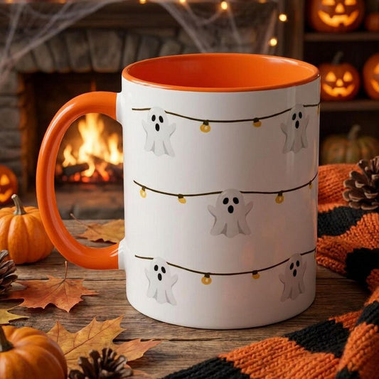 Ghost String Lights Mug, Cute Halloween Coffee Mug, Ghost Mug Gift, Spooky Season Mug, Halloween Gift for Her, Cute Ghost Cup, Halloween Mug