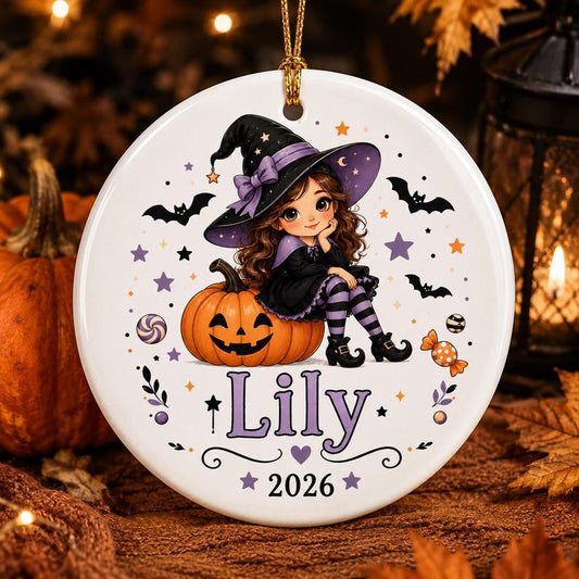 Personalized Witch Girl Halloween Ornament, Custom Name Pumpkin Keepsake, Kids Halloween Gift 2026