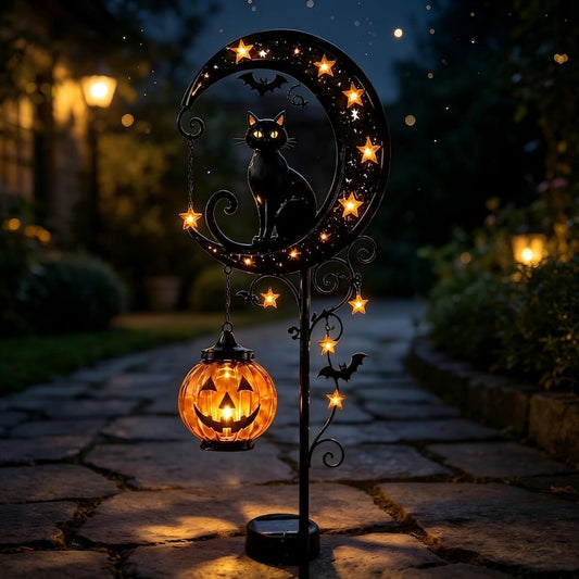Halloween Solar Garden Stake Light, Black Cat Crescent Moon Pumpkin Lantern, Metal Outdoor Yard Decor, Pathway Lawn Accent
