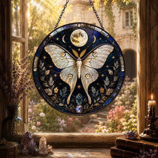 Luna Moth Suncatcher, Celestial Resin Window Hanging, Moon Stained Glass Style Decor, Witchy Home Gift