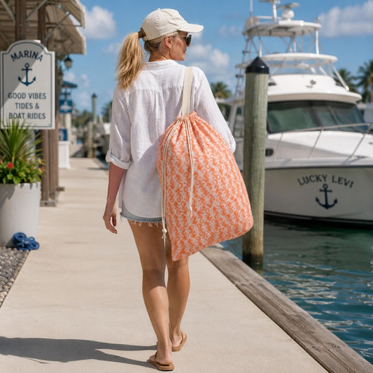 Coastal Seahorse Boat Bag, Beach Storage Bag, Large Drawstring Beach Tote, Lake House Gear Bag, Pool Toy Storage, Vacation Bag