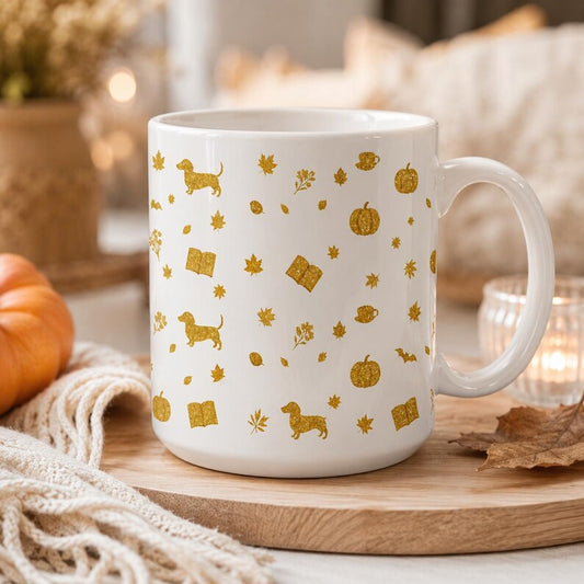 Gold Autumn Icons Mug | Pumpkin Leaves Book Dachshund Pattern