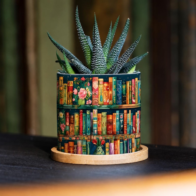 Bookshelf Vintage Plant Pot Ceramic Plant Pot, Succulent Planter, Books And Floral Design, Book Lover Gift, Teacher Gift