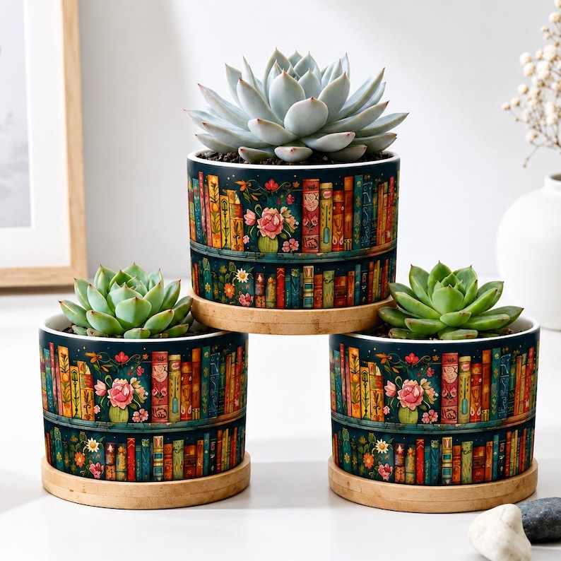Bookshelf Vintage Plant Pot Ceramic Plant Pot, Succulent Planter, Books And Floral Design, Book Lover Gift, Teacher Gift
