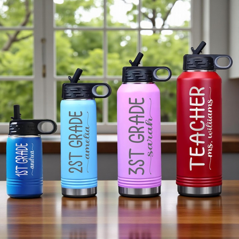 Personalized School Water Bottle, Custom Laser Engraved Stainless Steel Tumbler, Back to School Kids Tumbler