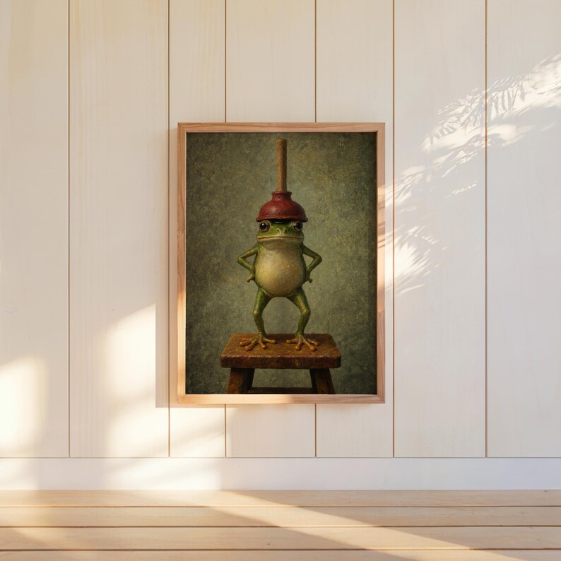 Funny Frog With Red Plunger Wall Art, Quirky Bathroom Print, Whimsical Restroom Decor, Vintage Funny Animal Toilet Loo Power Room Poster