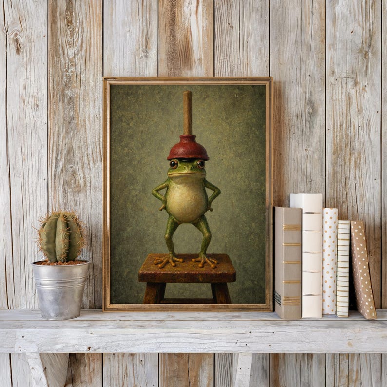 Funny Frog With Red Plunger Wall Art, Quirky Bathroom Print, Whimsical Restroom Decor, Vintage Funny Animal Toilet Loo Power Room Poster