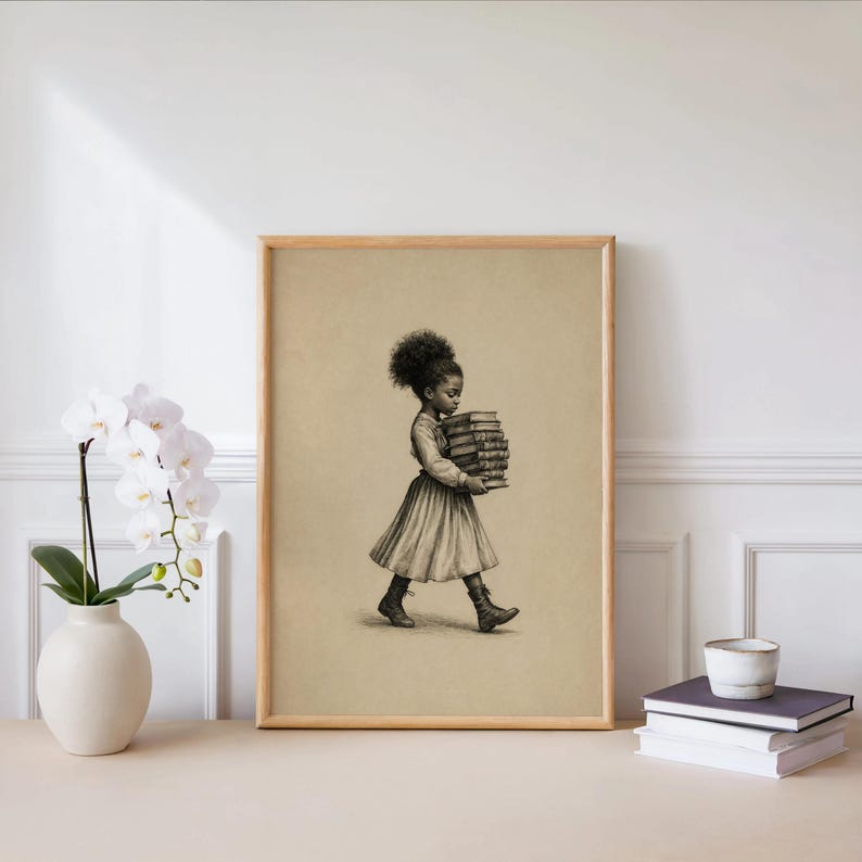 Black Girl Carrying Books Wall Art, Retro Book Lover Print, Vintage Library Book Nook Poster, Reading Room Decor, Afrocentric storybook