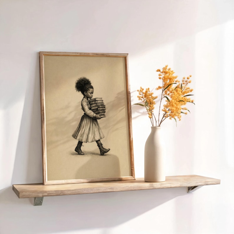 Black Girl Carrying Books Wall Art, Retro Book Lover Print, Vintage Library Book Nook Poster, Reading Room Decor, Afrocentric storybook
