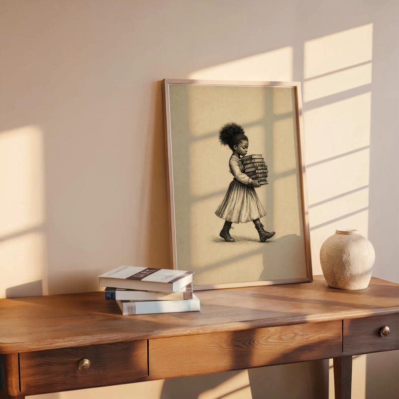 Black Girl Carrying Books Wall Art, Retro Book Lover Print, Vintage Library Book Nook Poster, Reading Room Decor, Afrocentric storybook