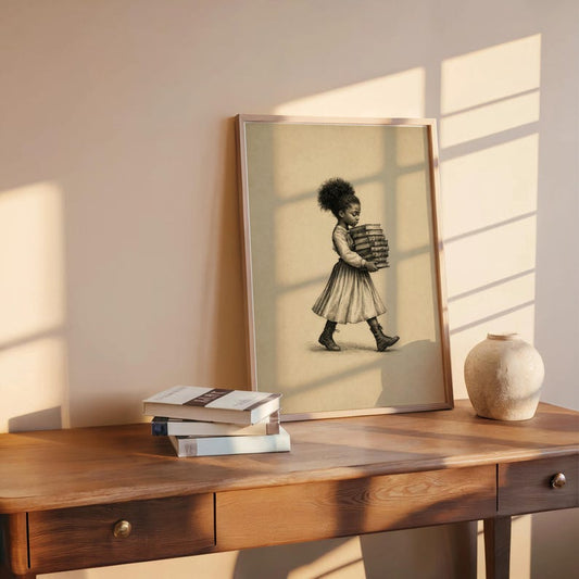Black Girl Carrying Books Wall Art, Retro Book Lover Print, Vintage Library Book Nook Poster, Reading Room Decor, Afrocentric storybook