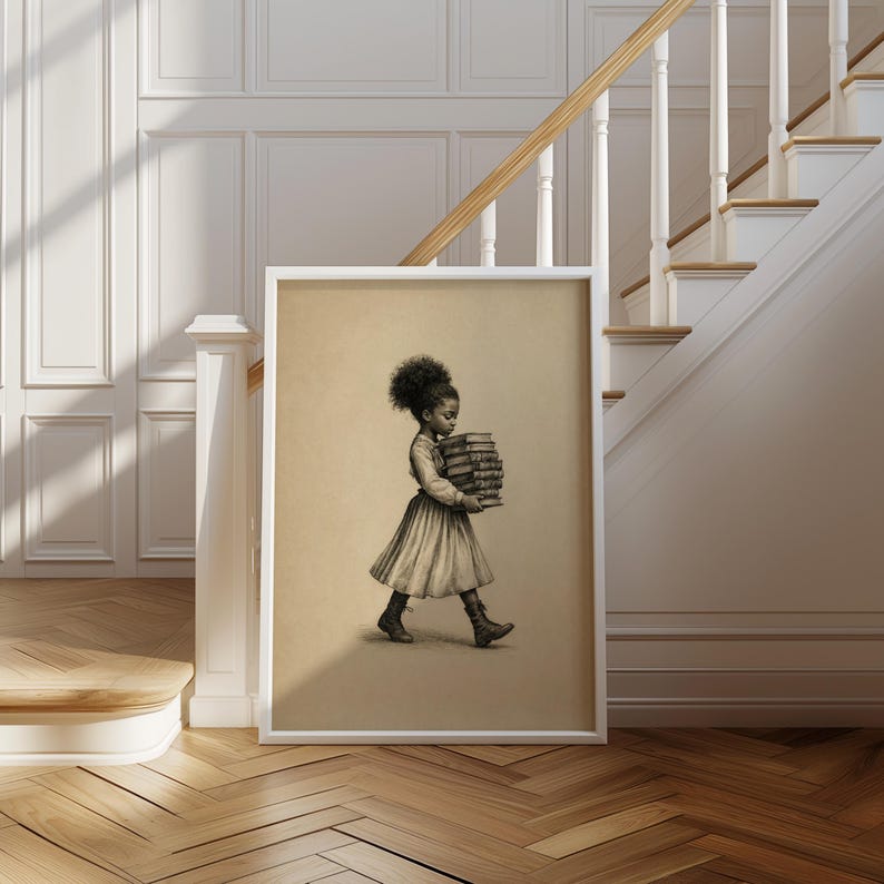 Black Girl Carrying Books Wall Art, Retro Book Lover Print, Vintage Library Book Nook Poster, Reading Room Decor, Afrocentric storybook