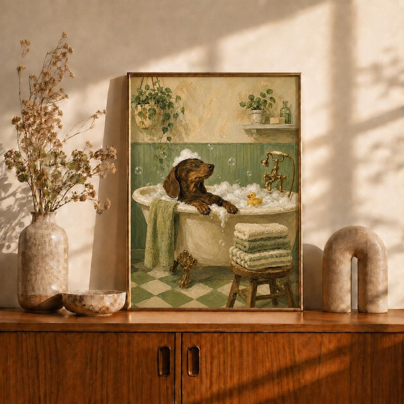 Funny Dachshund Bath Oil Painting Art, Sausage Dog in Bathtub Print, Green Bathroom Wall Decor, Dog Lover Gift Idea, Vintage Dackel Poster