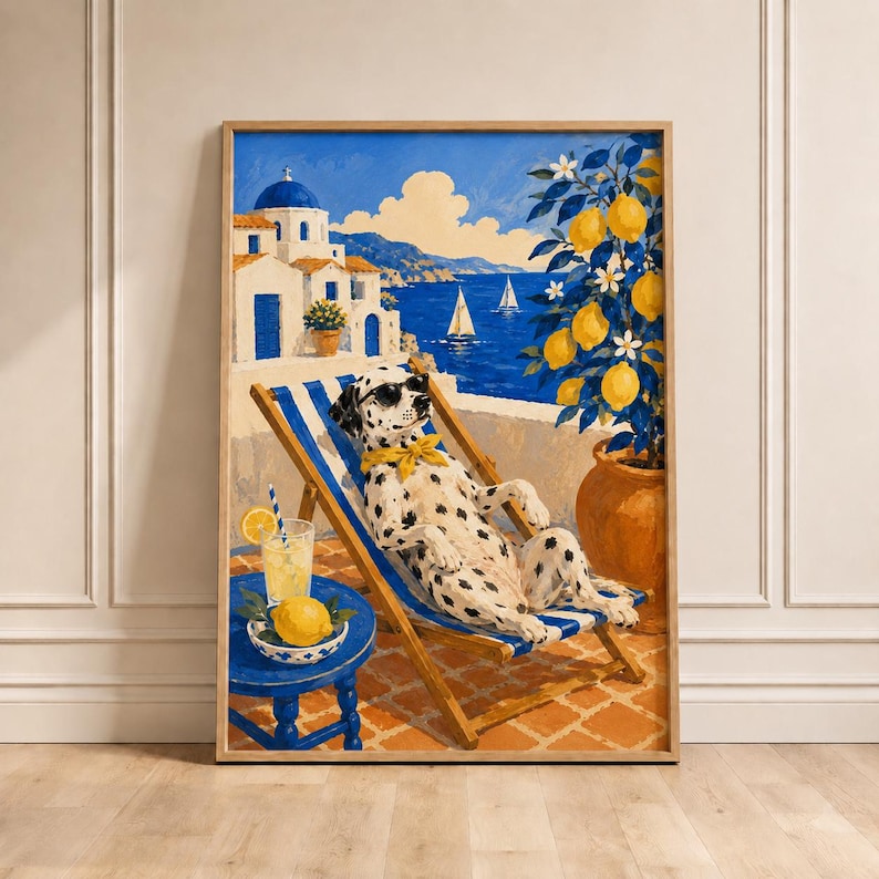 Dalmatian Beach Art Print, Cool Dog Sunglasses Poster, Greek Island Wall Decor, Blue Yellow Summer Print, Lemonade Bar Cart Art, Dog Gift