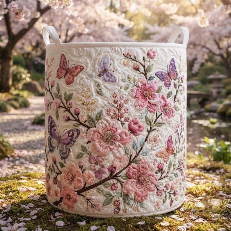 Cherry Blossom Quilted Laundry Basket: Spring Floral Storage Bin, Large Foldable Hamper
