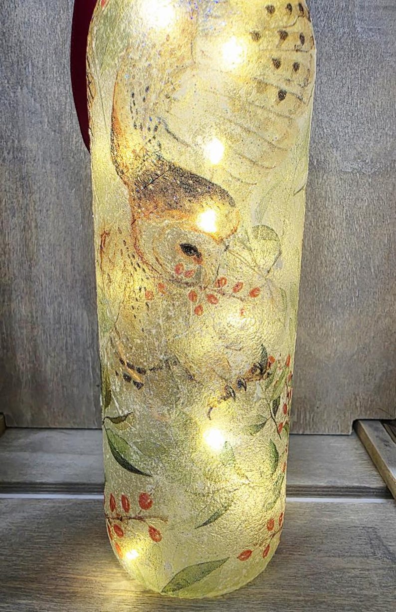 Barn Owl Bottle Lamp | Decoupage Rustic LED Light | Woodland Decor Nature Gift
